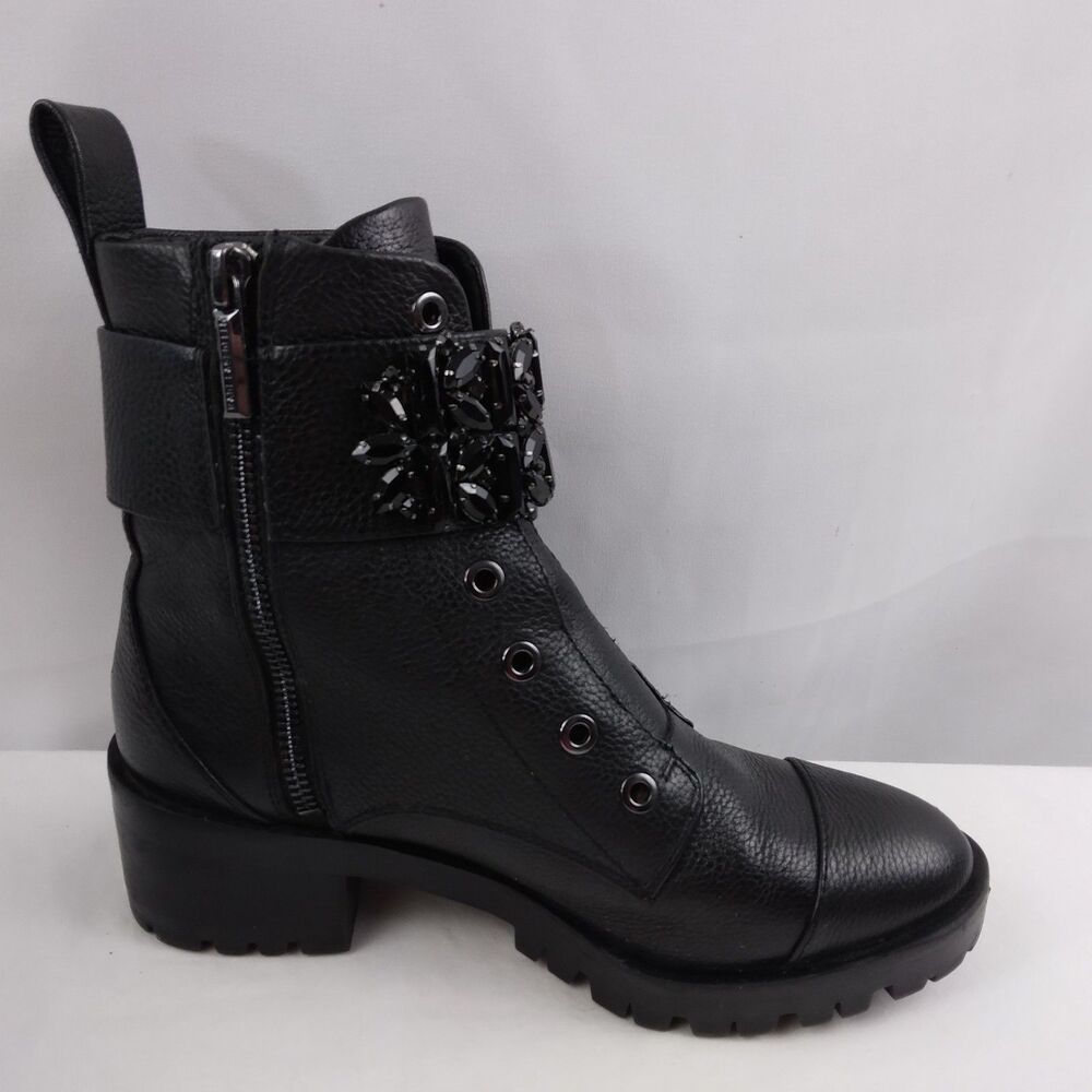 Karl Lagerfeld PIPPA Black Pebbled Leather Rhinestone Combat Boots Size 6M - Picture 10 of 16